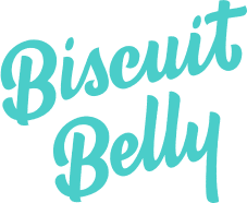 Biscuit Belly text logo, cyan